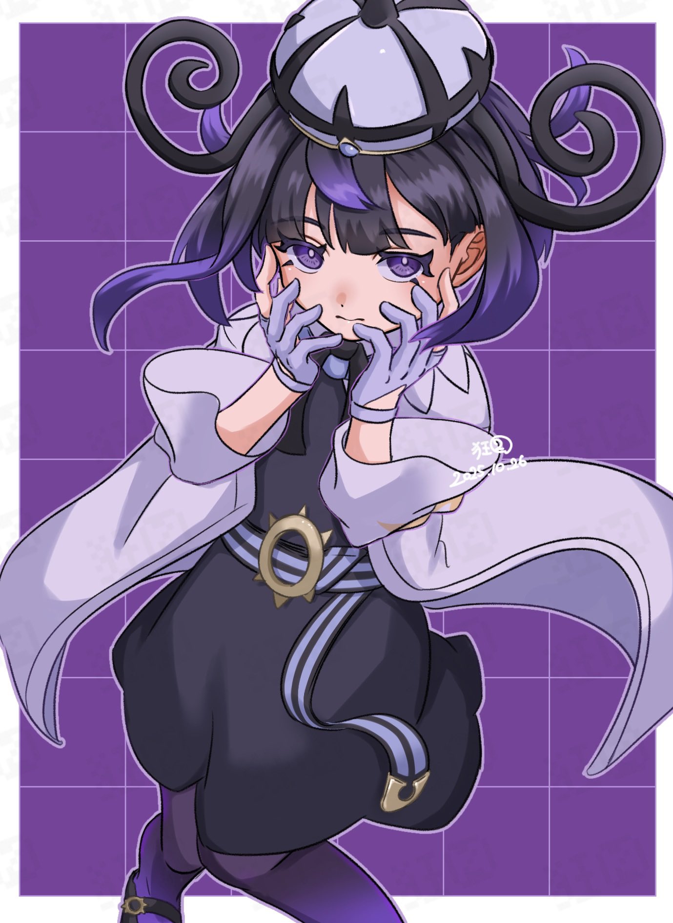gwynn (pokemon), nintendo, pokemon, pokemon legends: z-a, highres, 1girl, belt, black dress, black hair, border, closed mouth, coat, dated, dress, eyelashes, gloves, gradient hair, grid background, hat, krkrnk sub, long sleeves, looking at viewer, multicolored hair, o-ring, o-ring belt, outline, outside border, pantyhose, partially fingerless gloves, purple background, purple eyes, purple gloves, purple hair, purple outline, short hair, solo, white border, white coat