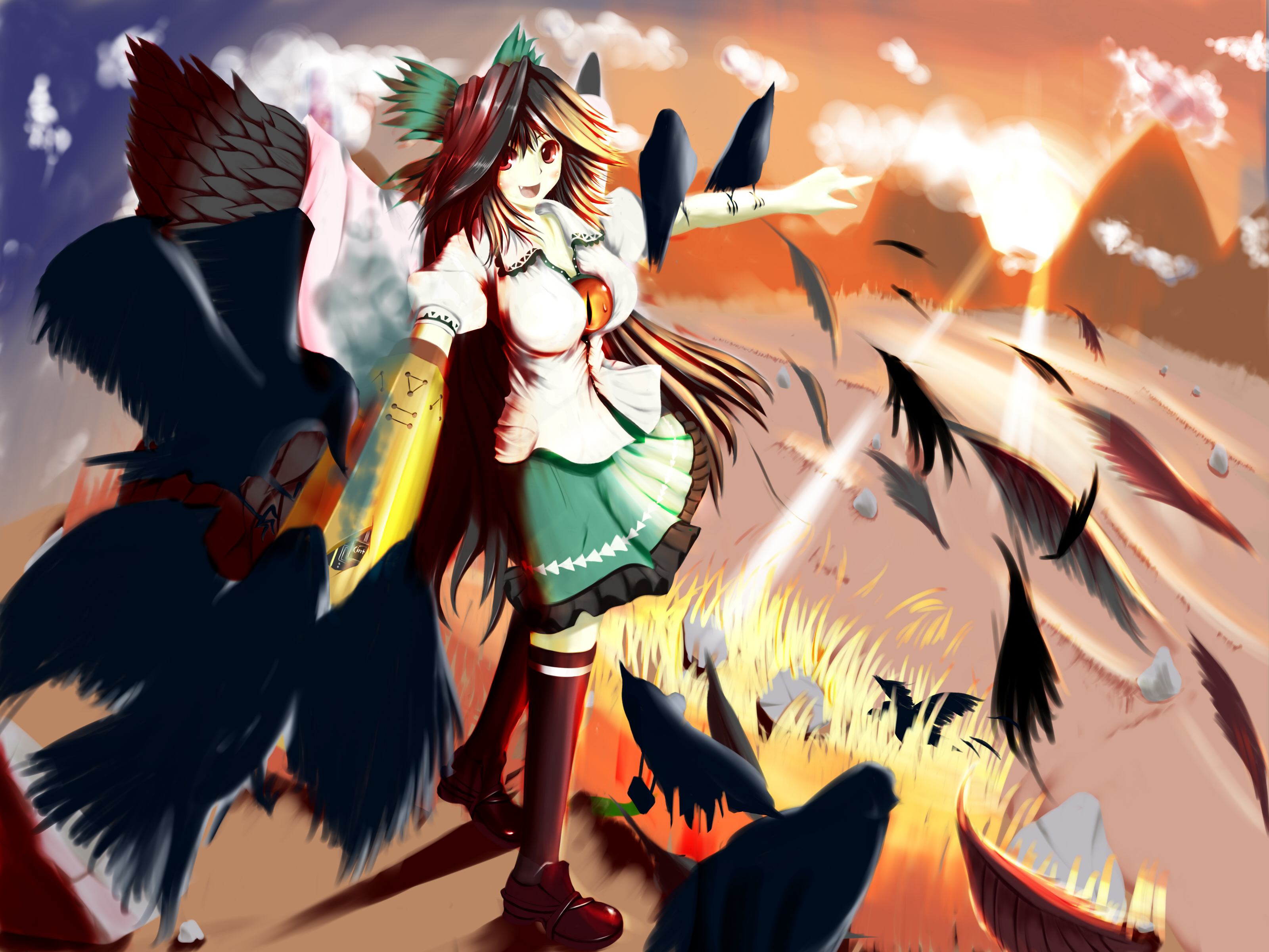 sanpei (artist), reiuji utsuho, intel, touhou, absurdres, bad id, bad pixiv id, highres, 1girl, animal, animal on arm, bird, bird on arm, breasts, crow, fang, female focus, nature, outdoors, plant, skirt, sky, solo