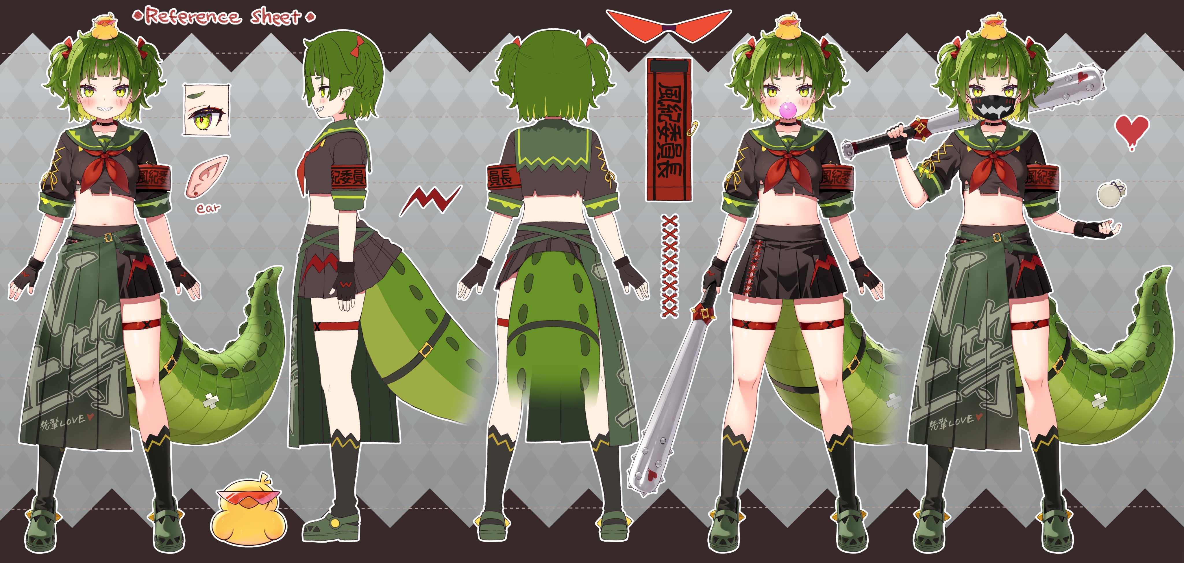 ayaoshiro, phase connect, absurdres, highres, official art, second-party source, 1girl, animal, animal on head, armband, baseball bat, bird, black gloves, black mask, black shirt, black skirt, black socks, blowing bubble gum, chewing gum, collarbone, crocodile girl, crocodilian tail, crocs, cropped shirt, delinquent, duck, earrings, fingerless gloves, gloves, green eyes, green hair, green sailor collar, green shoes, green skirt, hair ribbon, heart, holding, holding baseball bat, jewelry, mask, midriff, mouth mask, nitya nil, on head, pleated skirt, red armband, red ribbon, reference sheet, ribbon, sailor collar, sharp teeth, shirt, shoes, short hair, skirt, smile, socks, spiked bat, tail, teeth, thigh strap, virtual youtuber