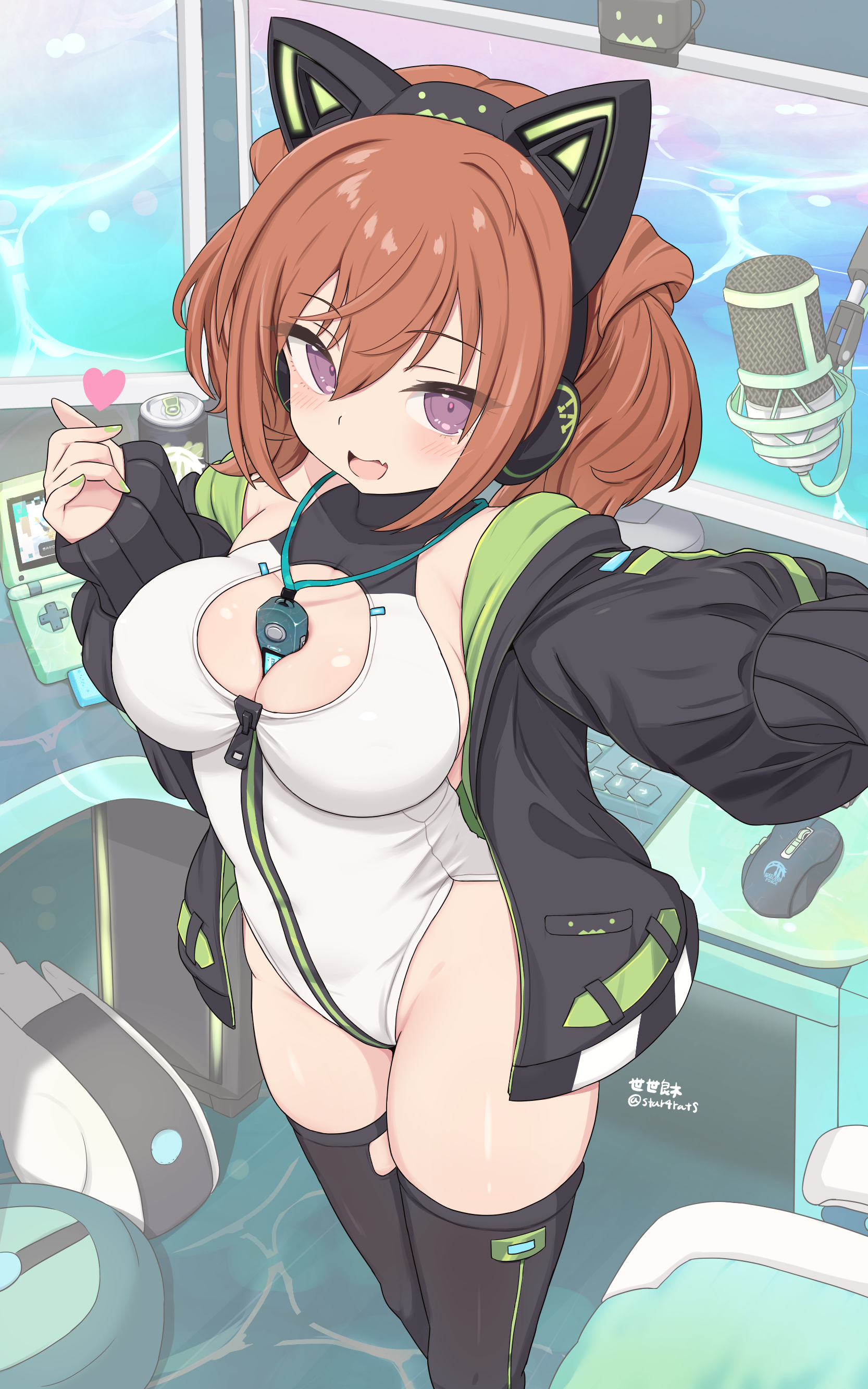 seseragi (star4rats), kimikage yui, alice gear aegis, absurdres, commentary request, highres, 1girl, animal ear headphones, animal ears, between breasts, black jacket, black thighhighs, breasts, brown hair, can, cat ear headphones, cat ears, circle cutout, cleavage cutout, clothing cutout, companion/af, computer keyboard, computer mouse, covered collarbone, digital media player, drink can, fake animal ears, fang, feet out of frame, finger heart, from above, front zipper, full-length zipper, game boy advance, game boy advance sp, handheld game console, headphones, heart, heattech leotard, highleg, highleg leotard, jacket, leotard, looking at viewer, medium breasts, microphone, monitor, multicolored leotard, purple eyes, race queen, selfie, skin fang, smile, solo, thighhighs, turtleneck, twintails, twintails with hair base, two-tone leotard, white leotard, zipper, zipper leotard, zipper pull tab