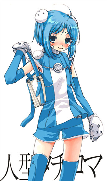 mitsubachi koucha, tachikoma, ghost in the shell, bad id, bad pixiv id, 1girl, bag, blue eyes, blue hair, blush, elbow gloves, female focus, gloves, matching hair/eyes, personification, short hair, shorts, solo, thighhighs