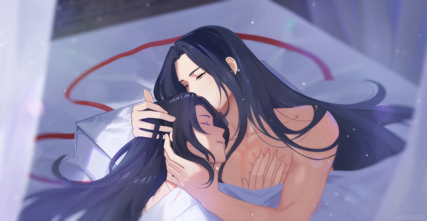 8083 blue, lan wangji, wei wuxian, modao zushi, commentary request, 2boys, black hair, chest tattoo, collarbone, kiss, light particles, long hair, lying, male focus, multiple boys, on back, parted lips, pillow, short hair, tattoo, very long hair, yaoi