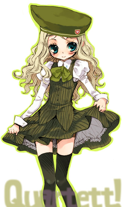 mitsubachi koucha, charlotte francia, littlewitch, quartett!, shoujo mahou gaku littlewitch romanesque, bad id, bad pixiv id, 1girl, blonde hair, blue eyes, blush, dress, female focus, hat, lingerie, long hair, petticoat, smile, solo, thighhighs, underwear