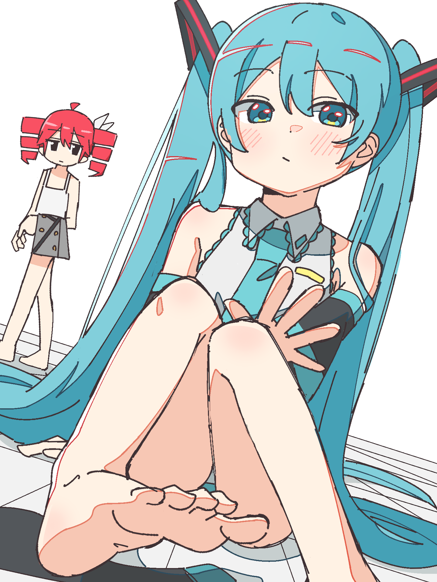 auhuheben17, hatsune miku, kasane teto, vocaloid, highres, 2girls, aqua eyes, aqua hair, barefoot, blush, detached sleeves, hair between eyes, hair ornament, looking at viewer, multiple girls, necktie, sitting, twintails, walking