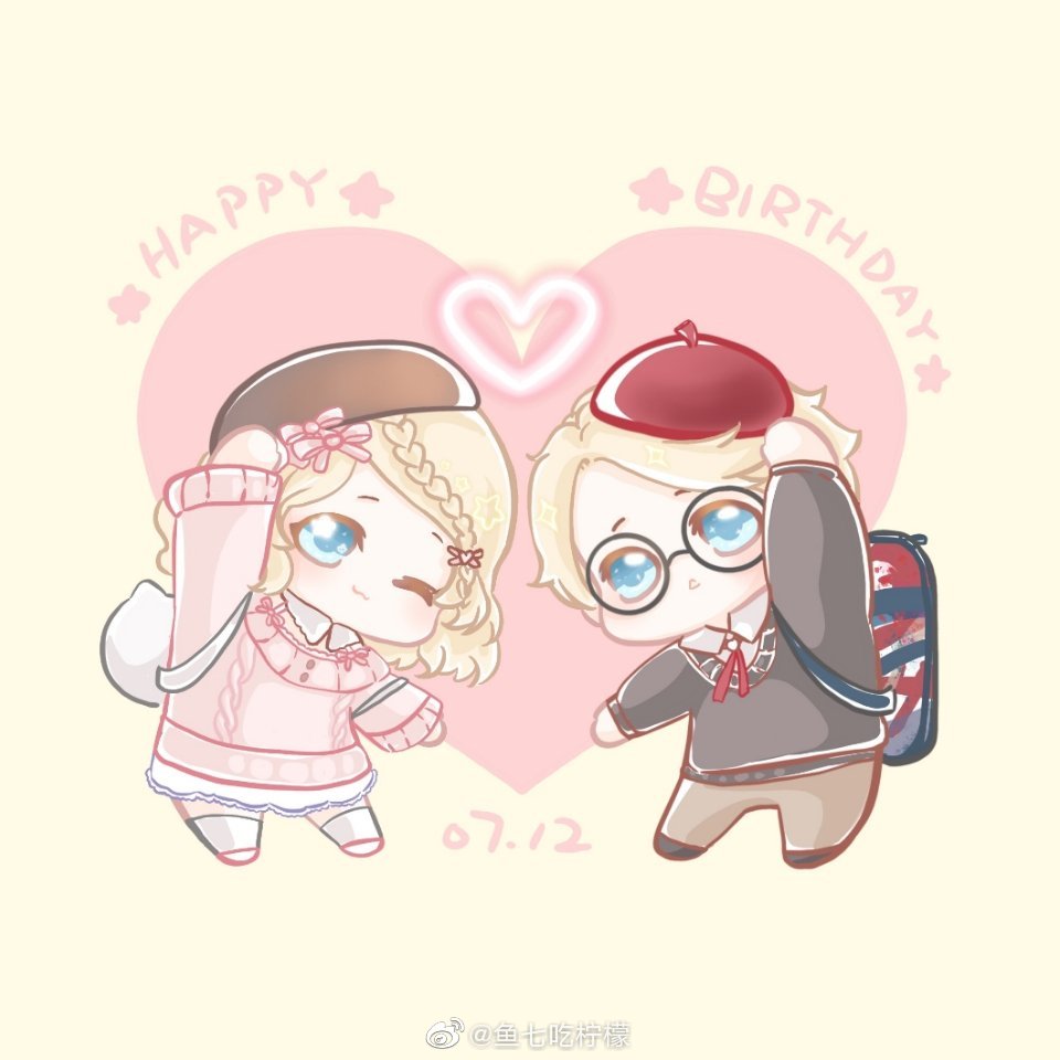 xiaoyu qixing, nikki (series), shining nikki, chinese commentary, commentary request, 1boy, 1girl, :o, ;3, animal bag, arm up, backpack, bag, beret, black-framed eyewear, black shoes, blonde hair, blue bag, blue eyes, bow, braid, brother and sister, brown hat, brown pants, cat bag, chibi, closed mouth, collared shirt, dated, dress, dress under sweater, english text, glasses, grey sweater, hair bow, hair ornament, happy birthday, hat, heart, heart background, heart hair ornament, kneehighs, lace, lace-trimmed dress, lace trim, light blush, long sleeves, looking at viewer, medium dress, medium hair, multiple hair bows, neck ribbon, off-shoulder sweater, off shoulder, one eye closed, open mouth, pants, pink bow, pink shoes, pink sweater, red bag, red hat, red ribbon, ribbon, round eyewear, shirt, shirt under sweater, shoes, short hair, siblings, single braid, smile, socks, standing, star (symbol), star in eye, susan (shining nikki), sweater, symbol in eye, tareme, twins, two-tone bag, v-neck, watermark, weibo watermark, white bag, white dress, white shirt, white socks, william (shining nikki), yellow background