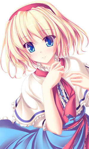 tenmaso, alice margatroid, touhou, lowres, 1girl, blonde hair, blue eyes, blush, female focus, hairband, short hair, simple background, smile, solo, standing, white background