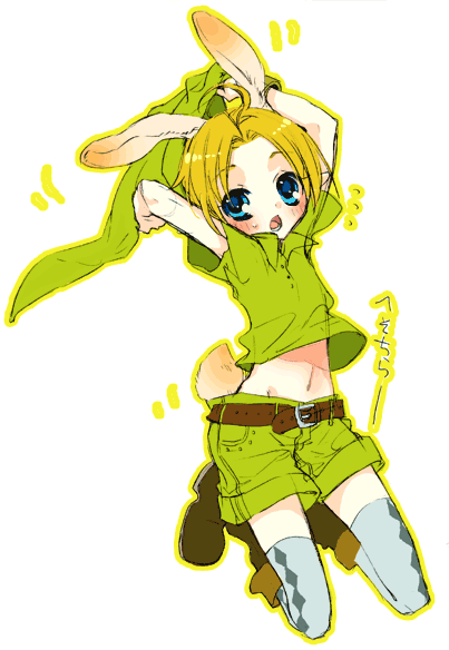 mitsubachi koucha, link, nintendo, the legend of zelda, 1boy, androgynous, animal ears, blonde hair, blue eyes, blush, boots, bunny hood (zelda), hat, kneeling, male focus, rabbit ears, rabbit tail, shorts, simple background, solo, tail, thighhighs, trap