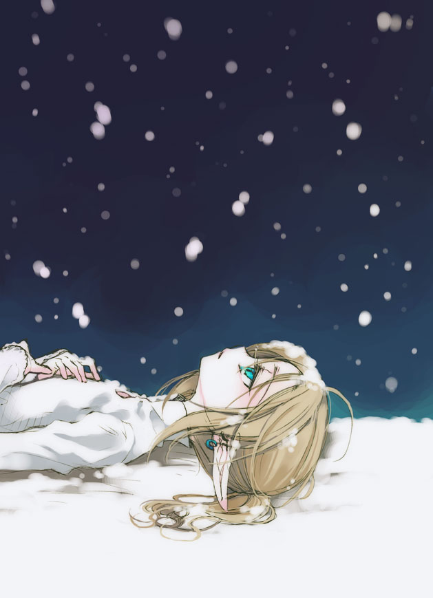 mitsubachi koucha, link, nintendo, the legend of zelda, 1boy, blonde hair, blue eyes, blush, earrings, jewelry, lying, male focus, on back, pointy ears, snow, snowing, solo