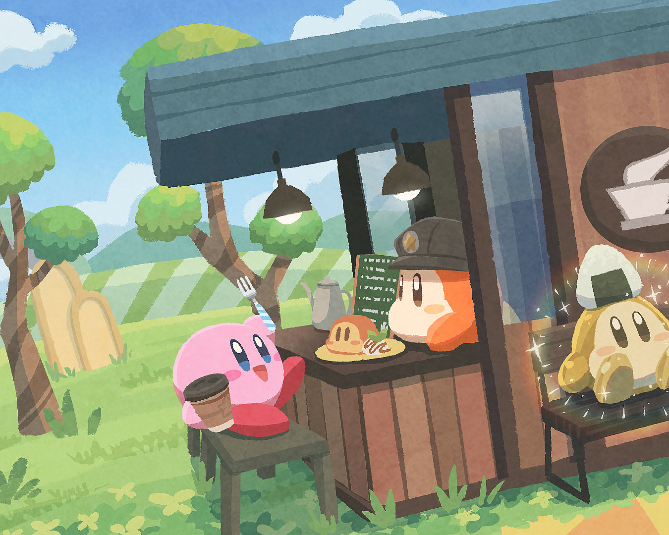 miclot, kirby, waddle dee, kirby (series), nintendo, commentary request, :d, blue eyes, blue sky, blush stickers, cafe, cloud, cup, day, food, no humans, onigiri, open clothes, open mouth, outdoors, sky, smile, tree