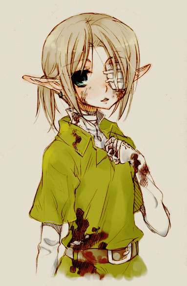 mitsubachi koucha, link, nintendo, the legend of zelda, 1boy, androgynous, bandages, blood, blue eyes, brown hair, eyepatch, male focus, pointy ears, short hair, solo