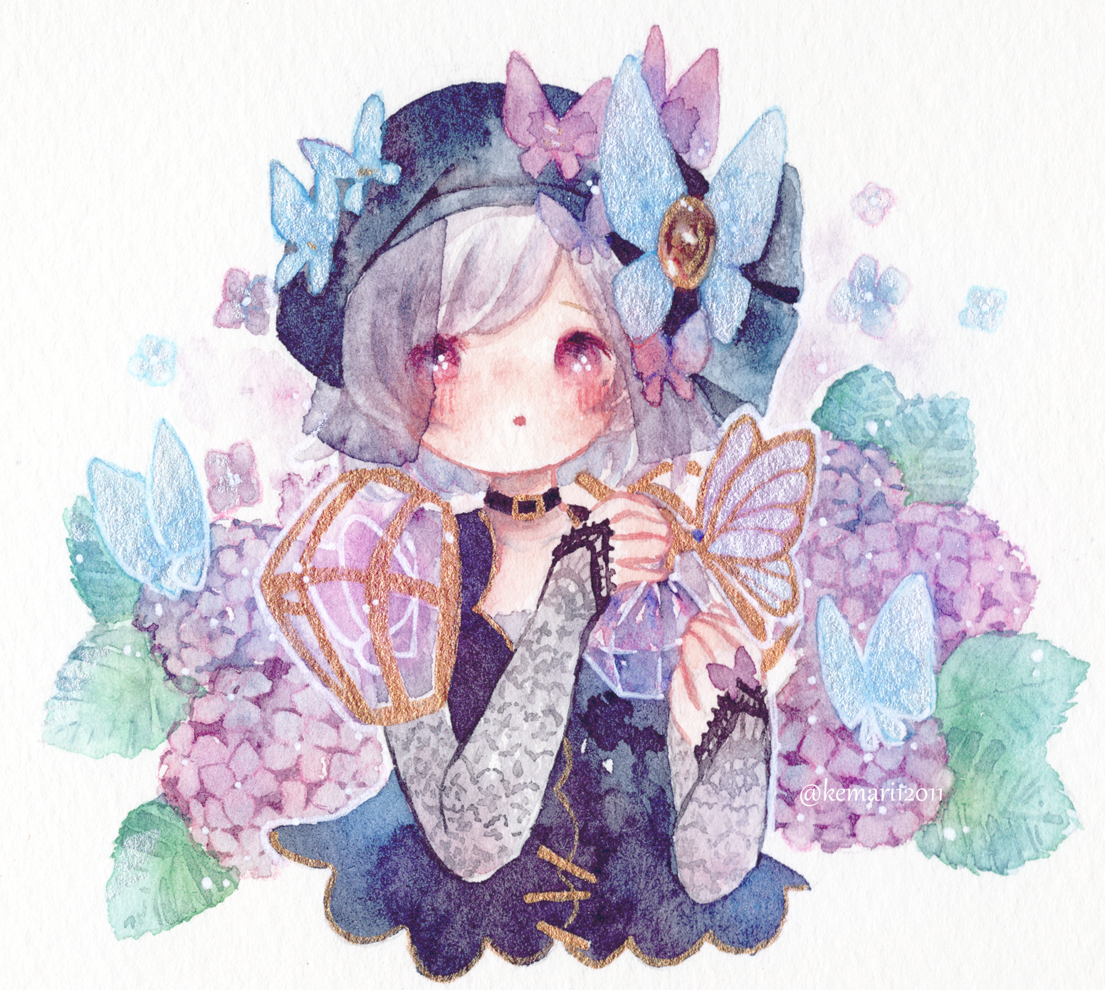 kemari (rupepe), vera nair, vera nair (caged butterfly), identity v, highres, painting (medium), traditional media, watercolor (medium), 1girl, :o, belt collar, beret, black bridal gauntlets, black shirt, blue hat, bob cut, bottle, bridal gauntlets, butterfly hat ornament, collar, cropped torso, flower, hat, hat ornament, hydrangea, looking at viewer, perfume bottle, purple eyes, purple hair, see-through clothes, see-through veil, shirt, solo, striped blush, twitter username, upper body, veil, white background