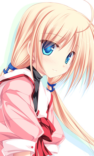 tenmaso, tierra moreni, primitive link, lowres, 1girl, ahoge, blonde hair, blue eyes, bow, female focus, long hair, low twintails, school uniform, smile, solo, turtleneck, twintails