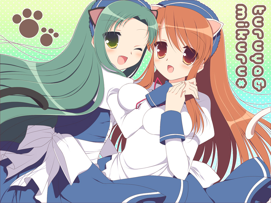 sumii, asahina mikuru, tsuruya, suzumiya haruhi no yuuutsu, 00s, 2girls, animal ears, between breasts, breasts, brown hair, cat ears, cat tail, green hair, long hair, medium breasts, multiple girls, one eye closed, tail, very long hair, waitress, wink