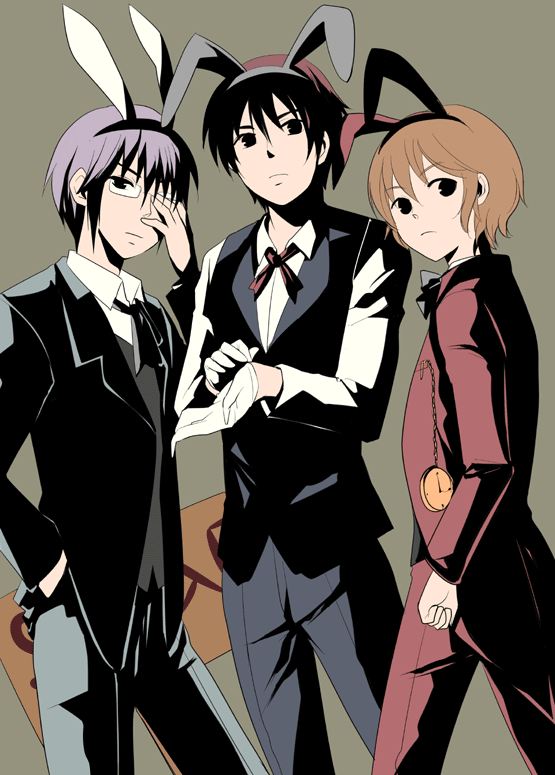 amanattou, asahina mitsuru, nagato yuuki, suzumiya haruhiko, suzumiya haruhi no yuuutsu, suzumiya haruhiko no yuuutsu, bad id, bad pixiv id, 00s, 3boys, animal ears, formal clothes, genderswap, genderswap (ftm), glasses, gloves, jacket, male focus, multiple boys, pocket watch, rabbit ears, red jacket, suit, vest, watch
