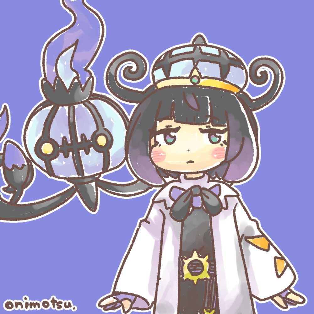 onimotsu matarou, chandelure, gwynn (pokemon), nintendo, pokemon, pokemon legends: z-a, 1girl, artist name, black hair, blue background, blush, bob cut, closed mouth, coat, gen 5 pokemon, gloves, gradient hair, hat, long sleeves, looking at viewer, multicolored hair, open clothes, open coat, partially fingerless gloves, pokemon (creature), puffy cheeks, purple gloves, purple hair, short hair, sleeves past wrists, white coat