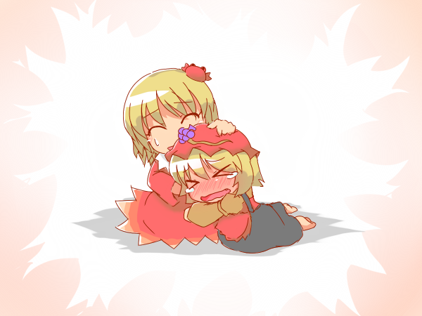[], aki minoriko, aki shizuha, touhou, > <, 2girls, barefoot, chibi, closed eyes, crab, female focus, hair ornament, headpat, leaf hair ornament, multiple girls, siblings, sisters, tears