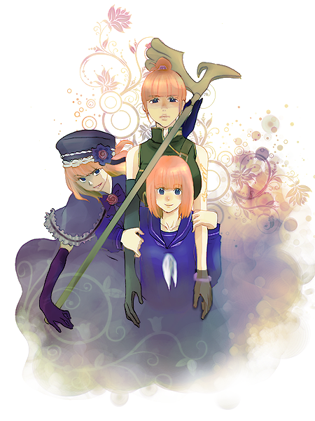 chuna, eva beatrice, ushiromiya eva, umineko no naku koro ni, bad id, bad pixiv id, 00s, dual persona, elbow gloves, flower, gloves, hat, orange hair, school uniform, serafuku, staff