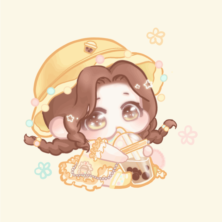 xiaoyu qixing, nikki (series), shining nikki, animated, animated gif, looping animation, 1girl, alternate hair color, ankle socks, beads, braid, brown hair, bubble tea, chibi, dress, drink, drinking, drinking straw, eyelashes, fancy milk tea (shining nikki), food-themed clothes, food print, forehead, frilled dress, frilled sleeves, frills, hair bobbles, hair ornament, hat, holding, holding drink, light blush, long hair, looking ahead, low twin braids, parted bangs, polka dot, polka dot socks, pom pom (clothes), print dress, rainbow print, shoes, short dress, short sleeves, simple background, sitting, socks, solo, star (symbol), tareme, twin braids, very long hair, yellow background, yellow dress, yellow eyes, yellow hat, yellow shoes, yellow socks