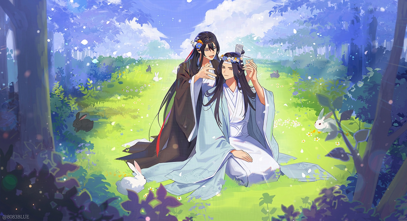 8083 blue, lan wangji, wei wuxian, modao zushi, commentary request, 2boys, black hair, black rabbit (animal), chinese clothes, forest, full body, grass, hanfu, head wreath, kneeling, long hair, long sleeves, male focus, multiple boys, nature, open mouth, outdoors, sitting, very long hair, white rabbit (animal), wide sleeves