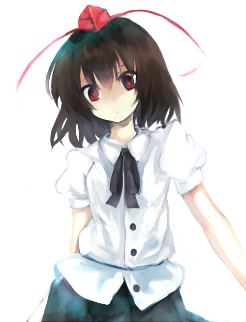 eiko (ykmykr), takonegi processor, shameimaru aya, touhou, bad id, bad pixiv id, 1girl, black hair, female focus, hat, looking at viewer, short hair, short sleeves, solo, tokin hat, white background