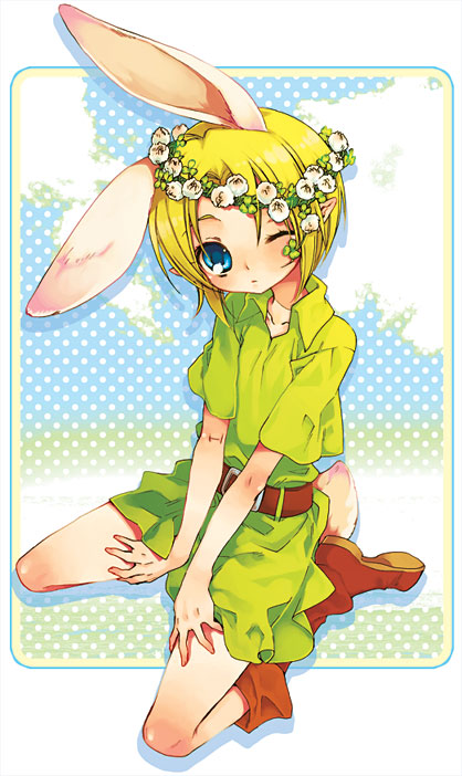mitsubachi koucha, link, young link, nintendo, the legend of zelda, the legend of zelda: majora's mask, the legend of zelda: ocarina of time, 1boy, androgynous, animal ears, blonde hair, blue eyes, blush, bunny hood (zelda), head wreath, kneeling, male focus, rabbit ears, rabbit tail, short hair, solo, tail, trap