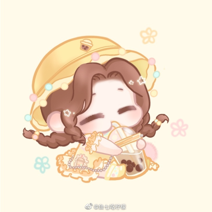 xiaoyu qixing, nikki (series), shining nikki, 1girl, = =, alternate hair color, ankle socks, beads, braid, brown hair, bubble tea, chibi, closed eyes, dress, drink, drinking, drinking straw, fancy milk tea (shining nikki), food-themed clothes, food print, forehead, frilled dress, frilled sleeves, frills, hair bobbles, hair ornament, hat, holding, holding drink, light blush, long hair, low twin braids, parted bangs, polka dot, polka dot socks, pom pom (clothes), print dress, rainbow print, shoes, short dress, short sleeves, simple background, sitting, socks, solo, star (symbol), twin braids, very long hair, yellow background, yellow dress, yellow eyes, yellow hat, yellow shoes, yellow socks