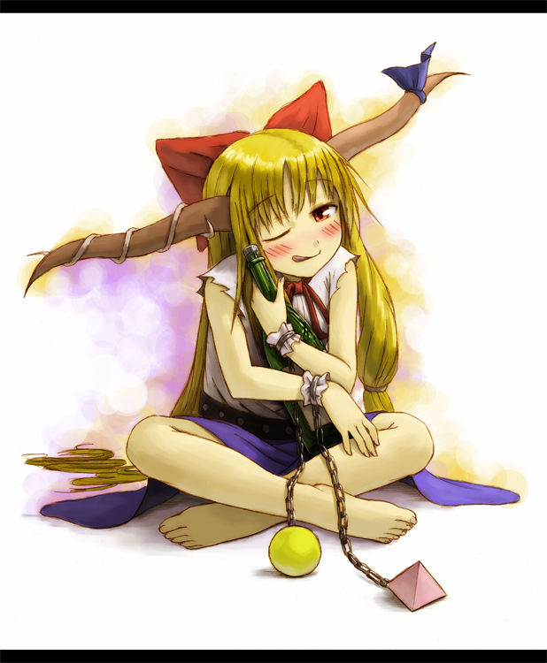 kurione (pixiv), kurione (zassou), ibuki suika, touhou, bad id, bad pixiv id, 1girl, :p, :q, ;q, alcohol, barefoot, blonde hair, blush, bottle, bow, chain, drunk, feet, female focus, hair bow, horn ornament, horn ribbon, horns, hugging object, indian style, letterboxed, one eye closed, red eyes, ribbon, sake, sake bottle, shirt, sitting, solo, tongue, tongue out, white shirt, wink