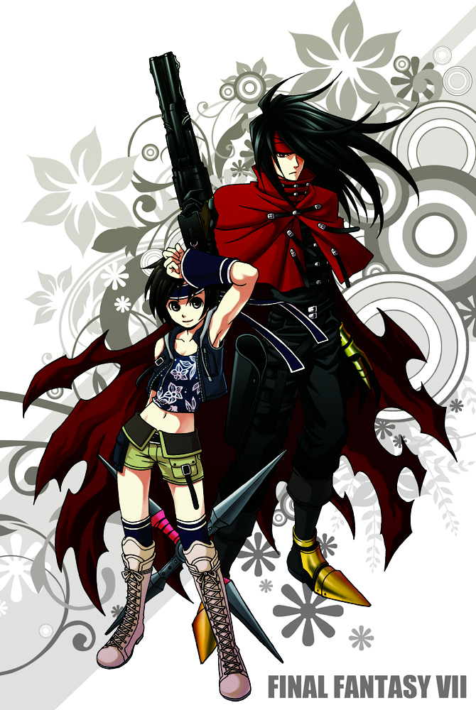 k-haruka, vincent valentine, yuffie kisaragi, final fantasy, final fantasy vii, final fantasy vii advent children, 00s, 1990s (style), 1boy, 1girl, boots, copyright name, gun, headband, midriff, shorts, shuriken, weapon