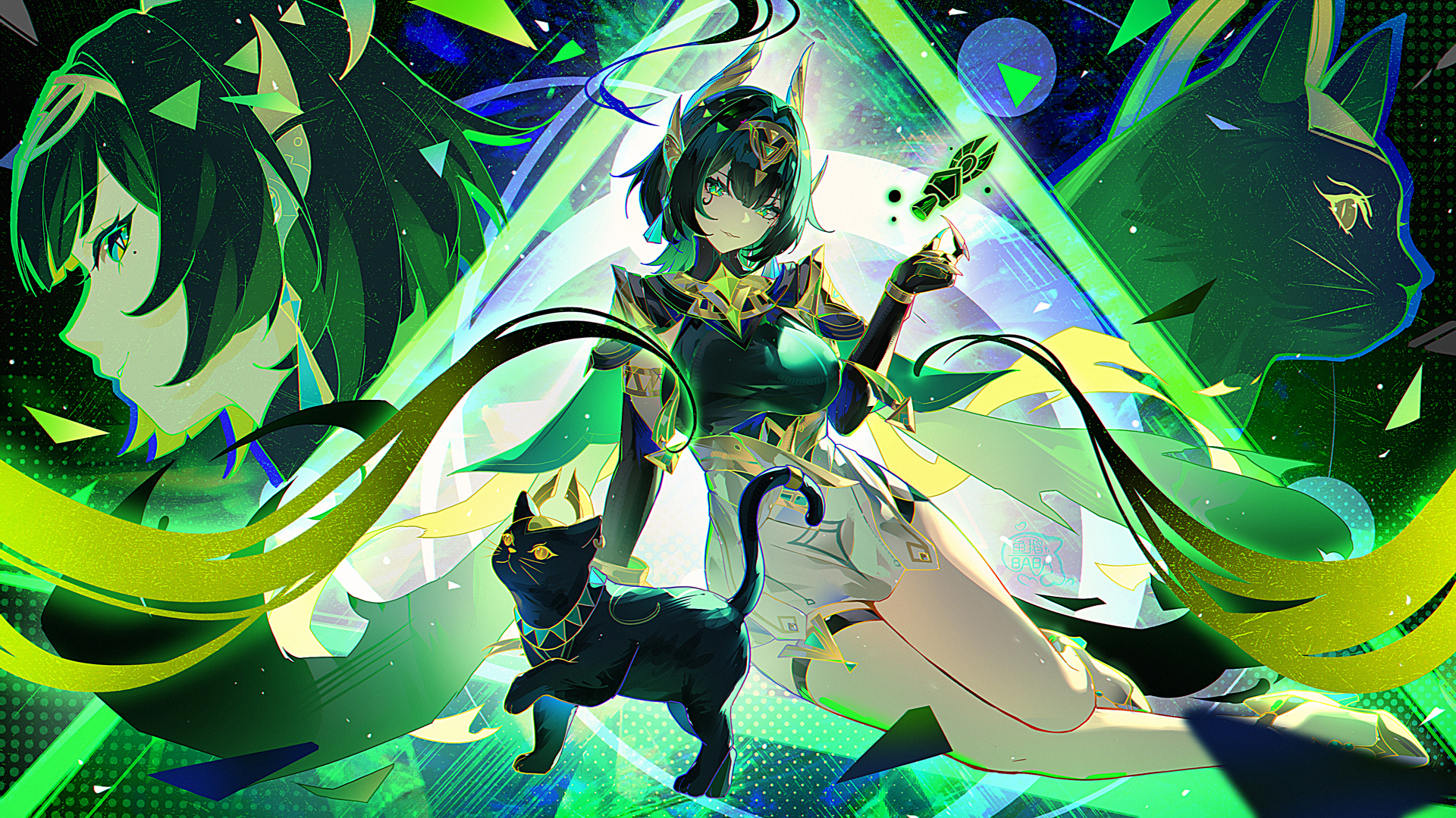 yu e baba, nefer (genshin impact), genshin impact, chinese commentary, commentary request, highres, 1girl, arm support, ashru (genshin impact), bare legs, black cat, black gloves, black shirt, blurry, bracelet, cape, cat, claw ring, depth of field, elbow gloves, facial mark, full body, gloves, green cape, green eyes, green hair, hand up, headgear, high-waist skirt, high heels, jewelry, light smile, looking at viewer, mark under eye, medium hair, mole, mole under eye, multiple views, parted lips, shirt, shoes, sitting, skirt, sleeveless, sleeveless shirt, symbol-shaped pupils, taut clothes, taut shirt, thigh strap, triangle-shaped pupils, usekh collar, white skirt, yellow shoes, yokozuwari