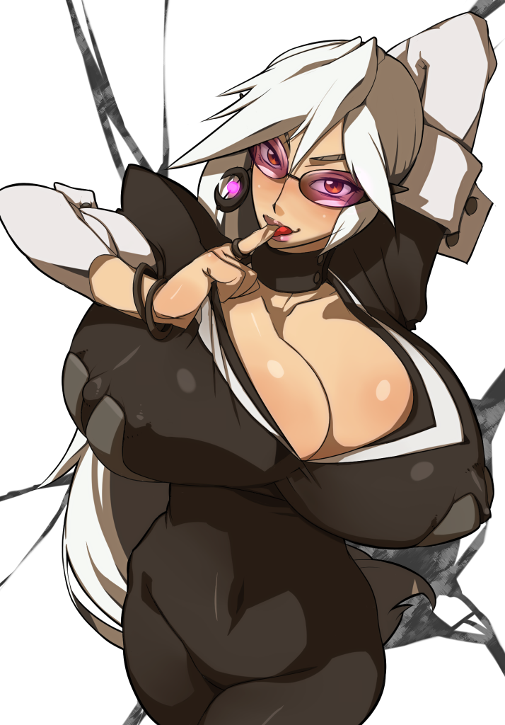 mizubaki, haruka gracia, basquash!, silver hair, bad id, bad pixiv id, 00s, 1girl, bangle, blush, body blush, bracelet, breasts, choker, cleavage, covered erect nipples, earrings, female focus, gigantic breasts, jewelry, lipstick, makeup, orange eyes, ponytail, ring, skin tight, solo, sunglasses, tongue