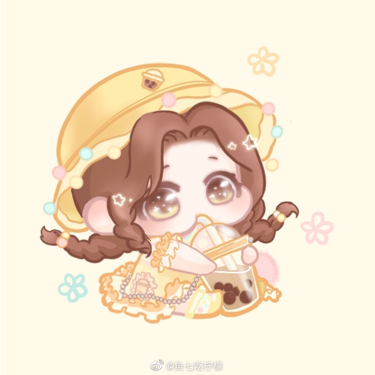 xiaoyu qixing, nikki (series), shining nikki, 1girl, alternate hair color, ankle socks, beads, braid, brown hair, bubble tea, chibi, dress, drink, drinking, drinking straw, eyelashes, fancy milk tea (shining nikki), food-themed clothes, food print, forehead, frilled dress, frilled sleeves, frills, hair bobbles, hair ornament, hat, holding, holding drink, light blush, long hair, looking ahead, low twin braids, parted bangs, polka dot, polka dot socks, pom pom (clothes), print dress, rainbow print, shoes, short dress, short sleeves, simple background, sitting, socks, solo, star (symbol), tareme, twin braids, very long hair, yellow background, yellow dress, yellow eyes, yellow hat, yellow shoes, yellow socks