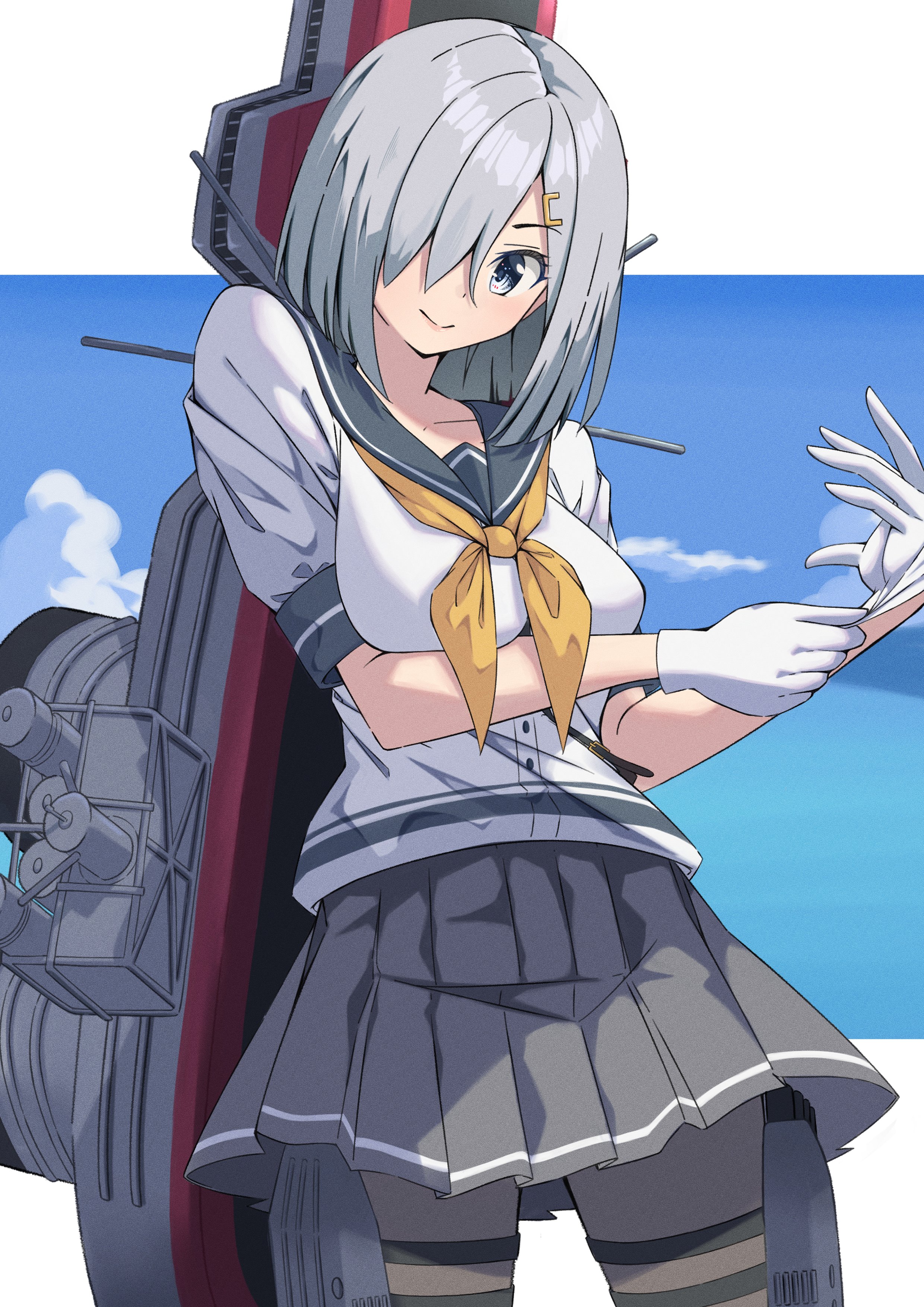 kikuchi-shoogo, hamakaze (kancolle), kantai collection, absurdres, highres, 1girl, black pantyhose, blue eyes, blue sky, cloud, gloves, grey hair, grey sailor collar, grey skirt, hair ornament, hair over one eye, hairclip, machinery, neckerchief, pantyhose, pleated skirt, sailor collar, sailor shirt, school uniform, serafuku, shirt, short hair, skirt, sky, solo, torpedo launcher, white gloves, white shirt, yellow neckerchief