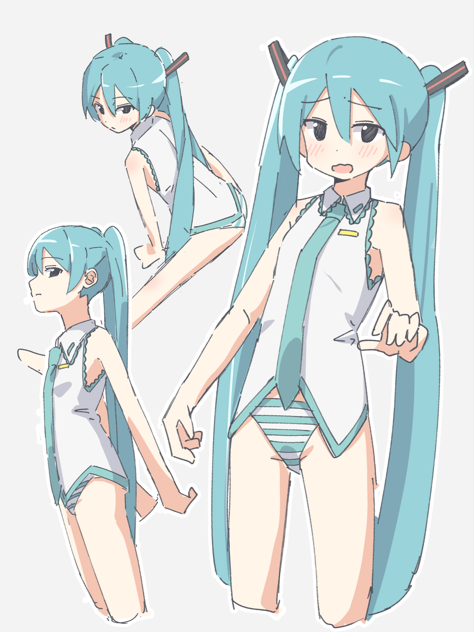 auhuheben17, hatsune miku, vocaloid, highres, 1girl, aqua hair, barefoot, blush, hair between eyes, hair ornament, looking at viewer, multiple views, necktie, no pants, panties, standing, striped clothes, striped panties, twintails, underwear
