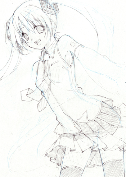 yuizaki kazuya, hatsune miku, vocaloid, 1girl, female focus, greyscale, monochrome, necktie, sketch, skirt, solo, thighhighs, twintails