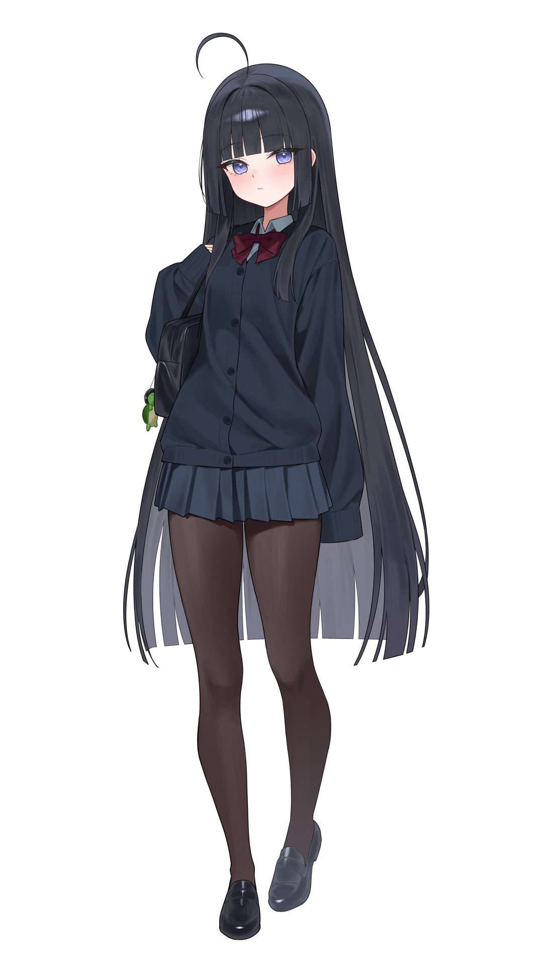 n4 h4m, mang nae (vtuber), indie virtual youtuber, highres, 1girl, ahoge, bag, bag charm, black cardigan, black hair, black pantyhose, black shirt, black skirt, blue eyes, blunt bangs, blunt sidelocks, bow, bowtie, cardigan, charm (object), closed mouth, expressionless, full body, hair over shoulder, hand up, hime cut, long hair, long sleeves, looking at viewer, miniskirt, pantyhose, pleated skirt, red bow, red bowtie, school bag, school uniform, shirt, shoulder bag, sidelocks, simple background, skirt, sleeves past fingers, sleeves past wrists, solo, standing, straight-on, very long hair, virtual youtuber, white background