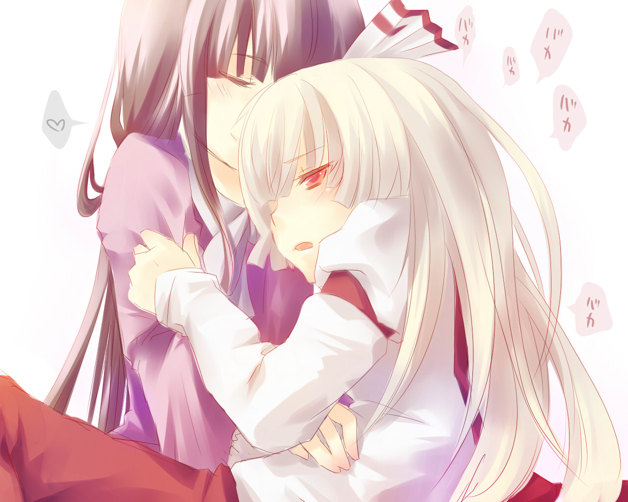 fujiwara no mokou, houraisan kaguya, touhou, bad id, bad pixiv id, 2girls, female focus, heart, hug, long hair, multiple girls, spoken heart, very long hair
