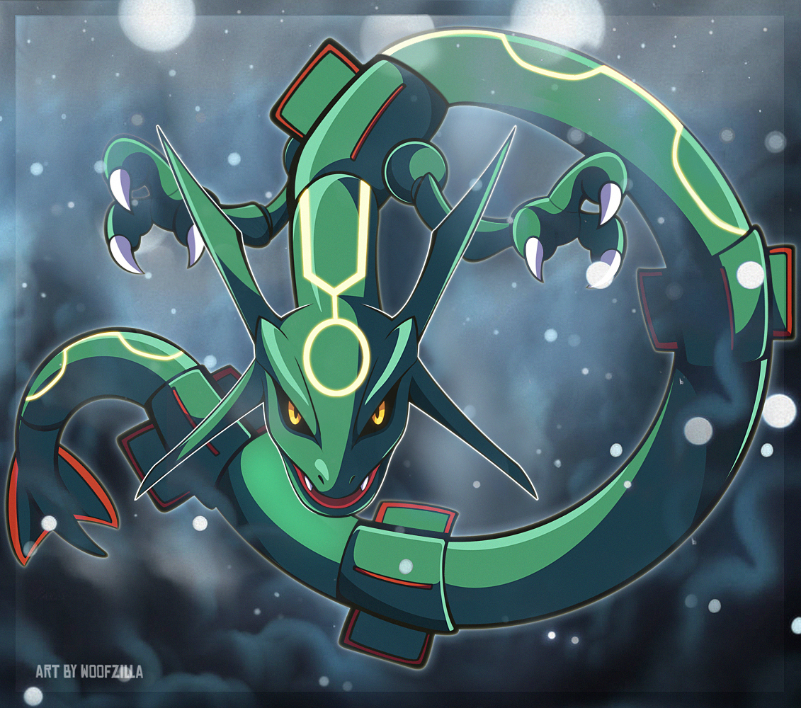 woofzilla, rayquaza, nintendo, pokemon, commentary, english commentary, artist name, black sclera, claws, colored sclera, fangs, full body, gen 3 pokemon, grey background, legendary pokemon, light particles, no humans, nostrils, open mouth, pokemon (creature), solo, yellow eyes