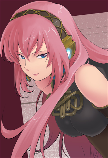 yaguchiya, yaguchiya tomoshi, megurine luka, vocaloid, 1girl, bare shoulders, blue eyes, breasts, female focus, headset, large breasts, long hair, pink hair, smile, solo