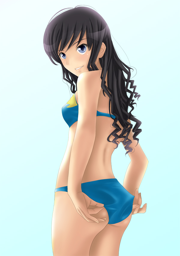 kishida-shiki, morishima haruka, amagami, 1girl, adjusting clothes, adjusting swimsuit, allison, ass, bikini, black hair, breasts, curly hair, female focus, long hair, looking back, solo, swimsuit