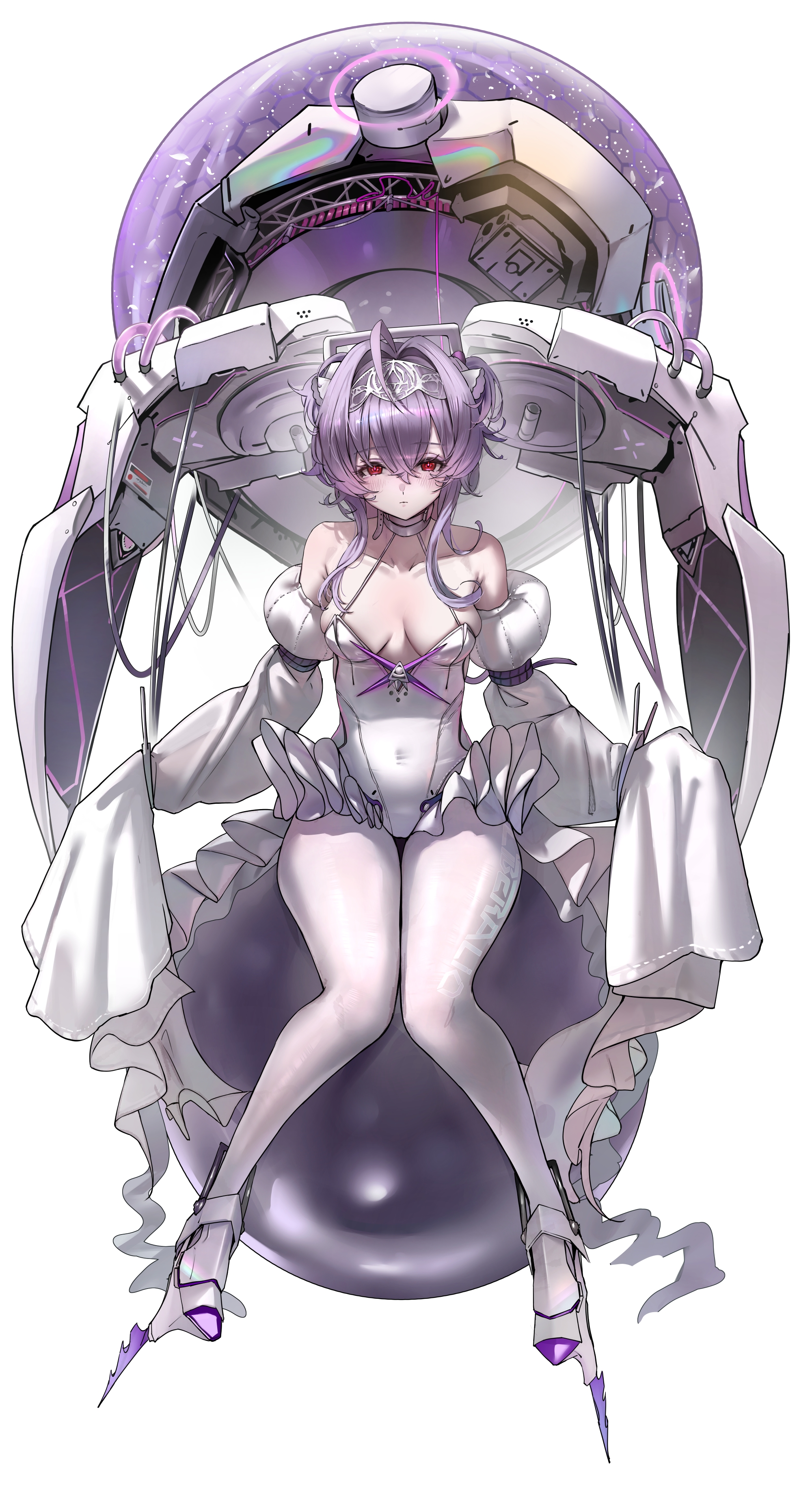 jindogod, liberalio (nikke), goddess of victory: nikke, absurdres, highres, 1girl, armored footwear, bare shoulders, breasts, collarbone, detached sleeves, frills, full body, leotard, looking at viewer, medium breasts, pantyhose, purple hair, red eyes, sitting, sleeves past fingers, sleeves past wrists, solo, white background, white leotard, white pantyhose