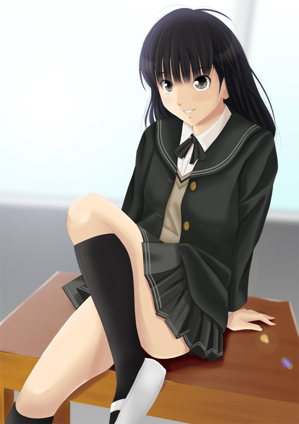kishida-shiki, ayatsuji tsukasa, amagami, 1girl, black hair, blazer, female focus, jacket, kneehighs, long hair, school uniform, shoes, socks, solo, uwabaki