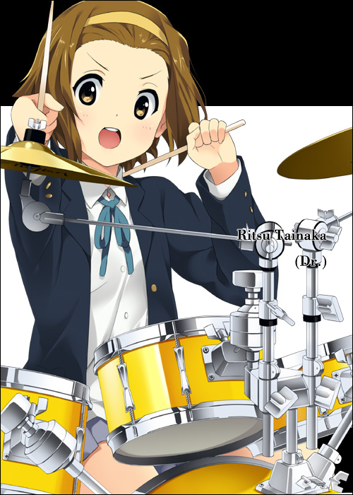 mizuki makoto, tainaka ritsu, k-on!, 00s, 1girl, brown hair, drum, drum set, female focus, hairband, instrument, school uniform, short hair, solo, tomboy