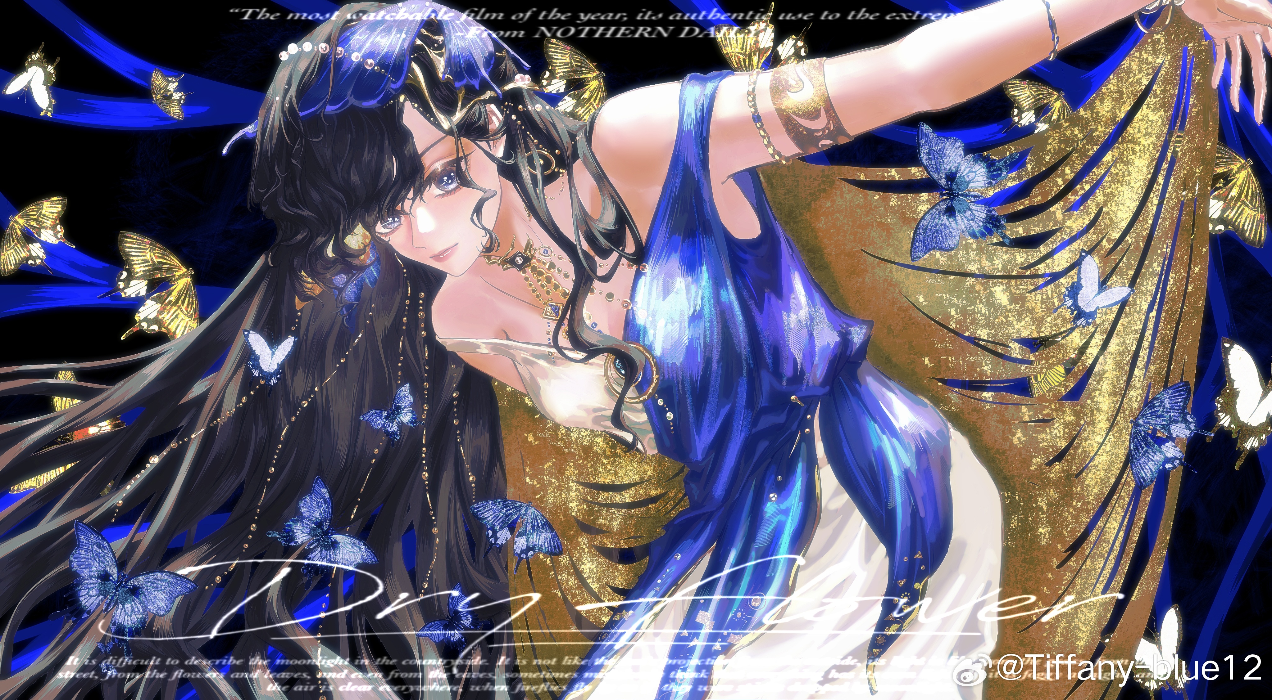 isolde (reverse:1999), reverse:1999, absurdres, highres, 1girl, armlet, bare shoulders, black hair, blue butterfly, blue dress, blue veil, breasts, bug, butterfly, cleavage, closed mouth, dress, english text, gold cape, insect, jewelry, leaning forward, long hair, looking at viewer, official alternate costume, outstretched arm, purple eyes, sleeveless, sleeveless dress, solo, tiffany-blue12, too many, too many butterflies, two-tone dress, upper body, veil, very long hair, watermark, weibo watermark, white dress, yellow butterfly