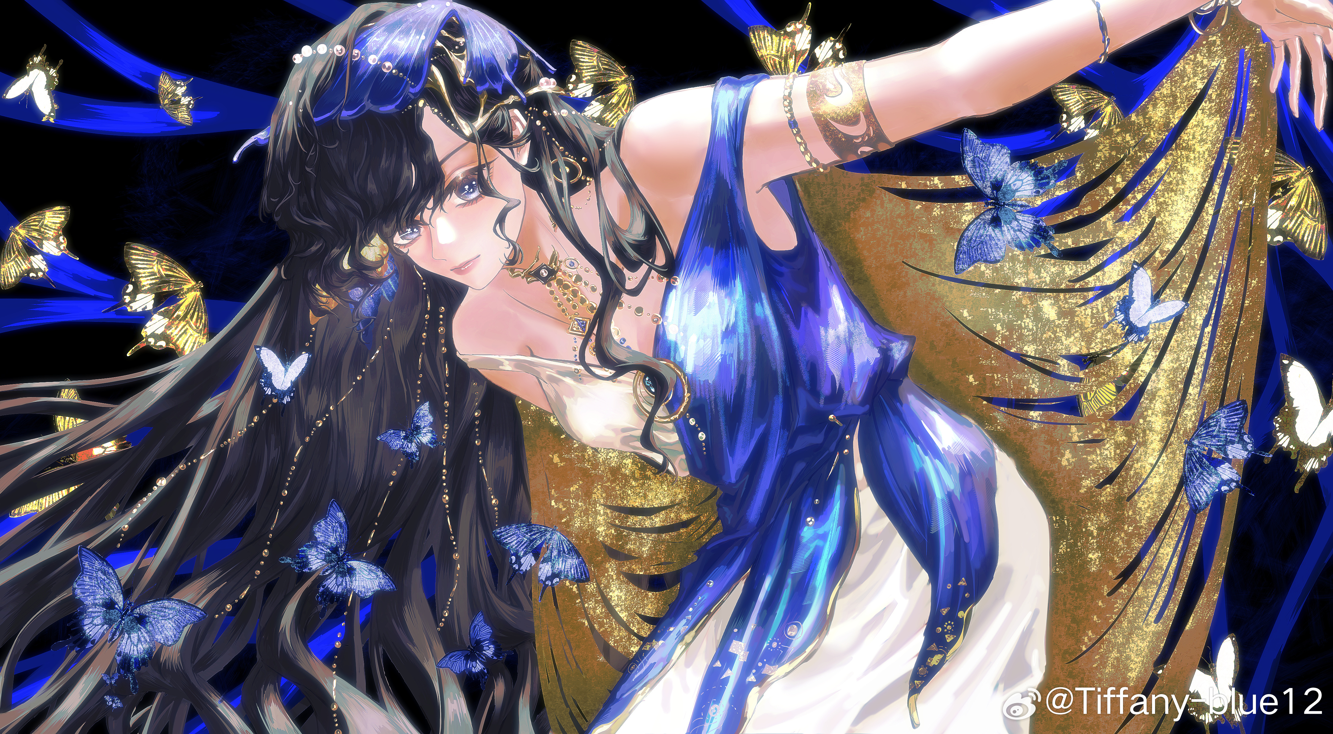 isolde (reverse:1999), reverse:1999, absurdres, highres, 1girl, armlet, bare shoulders, black hair, blue butterfly, blue dress, blue veil, breasts, bug, butterfly, cleavage, closed mouth, dress, gold cape, insect, jewelry, leaning forward, long hair, looking at viewer, official alternate costume, outstretched arm, purple eyes, sleeveless, sleeveless dress, solo, tiffany-blue12, too many, too many butterflies, two-tone dress, upper body, veil, very long hair, watermark, weibo watermark, white dress, yellow butterfly