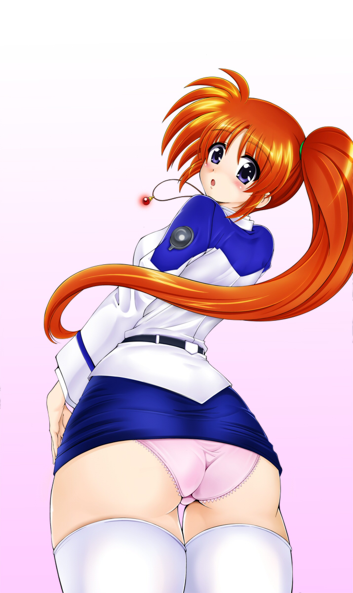 island (kossori), raising heart, raising heart (standby mode), takamachi nanoha, lyrical nanoha, mahou shoujo lyrical nanoha, mahou shoujo lyrical nanoha strikers, highres, 00s, 1girl, ass, back, clothes lift, female focus, jacket, looking back, miniskirt, panties, pencil skirt, pink panties, skirt, skirt lift, solo, thigh gap, thighhighs, thighs, trefoil, underwear, upskirt, white thighhighs