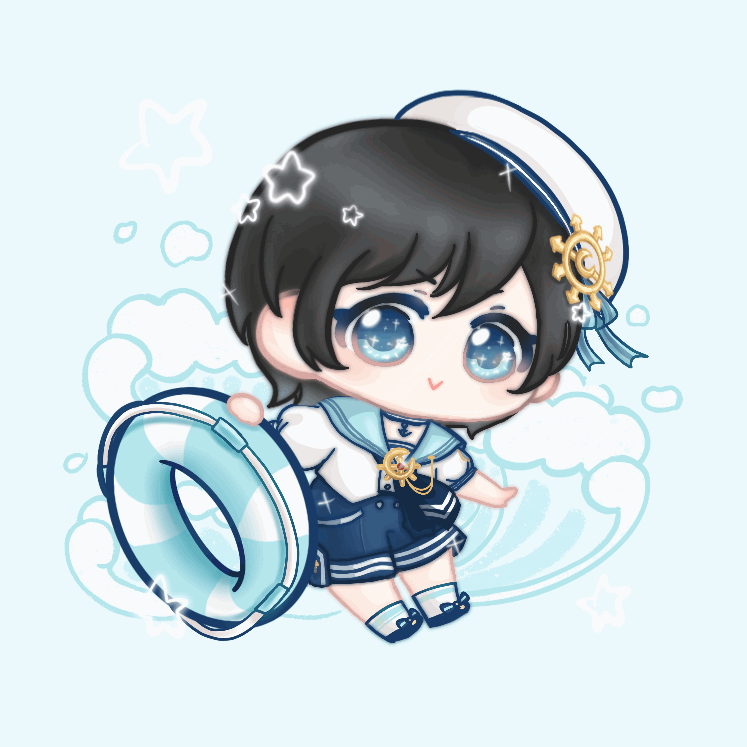 xiaoyu qixing, nikki (series), shining nikki, animated, animated gif, chinese commentary, commentary request, looping animation, 1girl, :>, anchor choker, anchor symbol, androgynous, ankle socks, aqua ribbon, aqua sailor collar, ascot, bare arms, beret, black hair, blinking, blue ascot, blue background, blue bow, blue choker, blue eyes, blue ocean (shining nikki), blue shoes, blue shorts, blue theme, bow, brooch, buttons, chibi, choker, closed mouth, eyelashes, footwear bow, hair ornament, happy, hat, hat bow, high-waist shorts, holding, holding swim ring, innertube, jewelry, lifebuoy, light blush, medium hair, pocket, puffy short sleeves, puffy sleeves, ribbon, sailor, sailor collar, sailor hat, sailor shirt, ship's wheel ornament, shirt, shoes, short sleeves, shorts, single stripe, smile, socks, solo, sparkle, star (symbol), striped bow, swim ring, tareme, v-shaped eyebrows, waves, white hat, white shirt, white socks