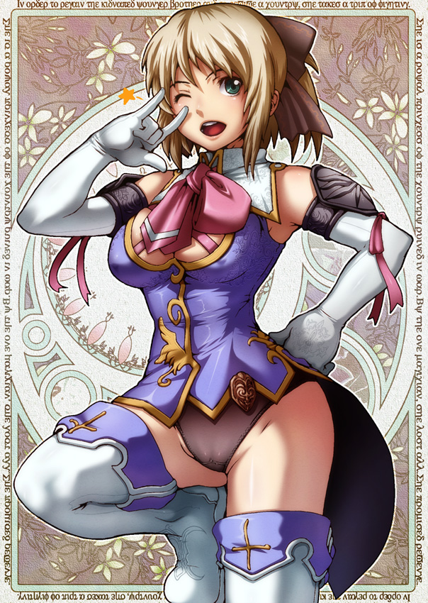 tabigarasu, cassandra alexandra, soul calibur, soulcalibur, soulcalibur iv, 1girl, aqua eyes, bare shoulders, blonde hair, boots, bow, female focus, gloves, green eyes, hair bow, leg lift, leotard, m/, necktie, one eye closed, open mouth, pink necktie, shoulder pads, solo, thigh boots, thighhighs, wink