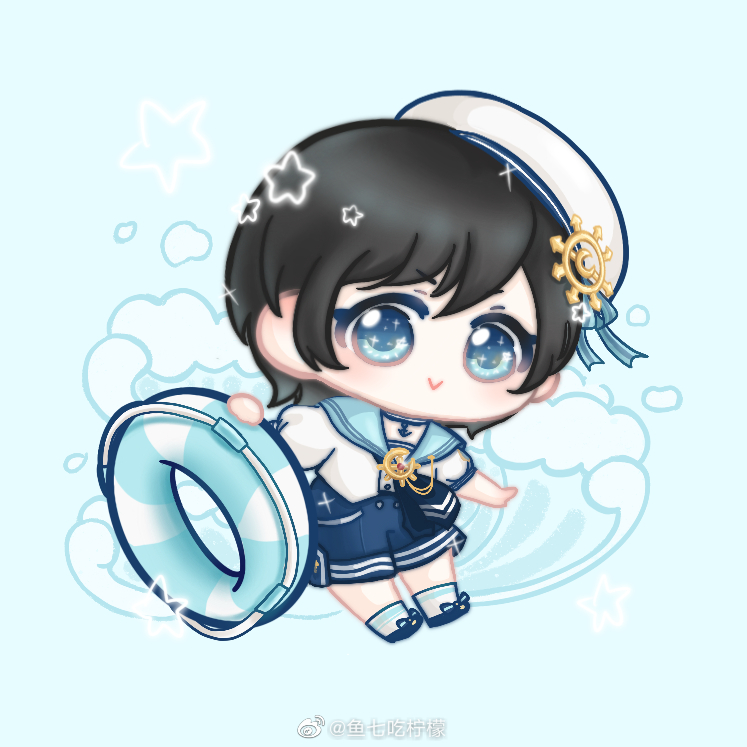 xiaoyu qixing, nikki (series), shining nikki, chinese commentary, commentary request, 1girl, :>, anchor choker, anchor symbol, androgynous, ankle socks, aqua ribbon, aqua sailor collar, ascot, bare arms, beret, black hair, blue ascot, blue background, blue bow, blue choker, blue eyes, blue ocean (shining nikki), blue shoes, blue shorts, blue theme, bow, brooch, buttons, chibi, choker, closed mouth, eyelashes, footwear bow, hair ornament, happy, hat, hat bow, high-waist shorts, holding, holding swim ring, innertube, jewelry, lifebuoy, light blush, medium hair, pocket, puffy short sleeves, puffy sleeves, ribbon, sailor, sailor collar, sailor hat, sailor shirt, ship's wheel ornament, shirt, shoes, short sleeves, shorts, single stripe, smile, socks, solo, sparkle, star (symbol), striped bow, swim ring, tareme, v-shaped eyebrows, watermark, waves, weibo watermark, white hat, white shirt, white socks
