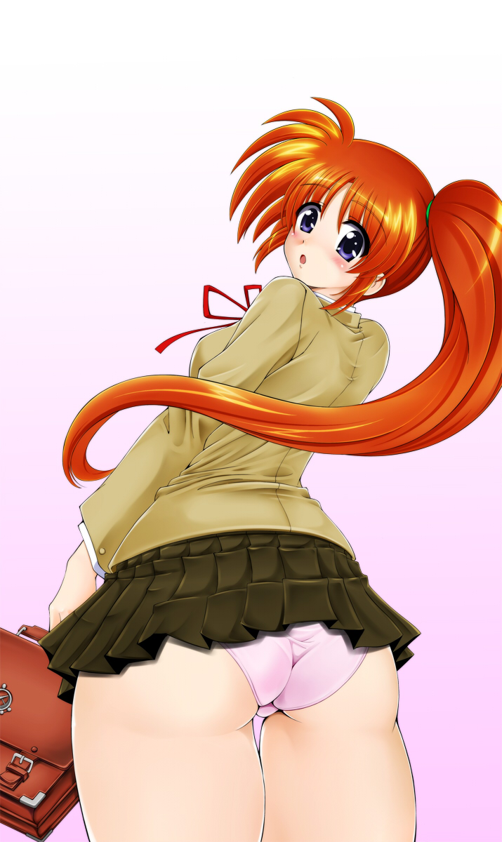 island (kossori), takamachi nanoha, lyrical nanoha, mahou shoujo lyrical nanoha, mahou shoujo lyrical nanoha a's, mahou shoujo lyrical nanoha strikers, highres, 00s, ass, panties, school uniform, side ponytail, solo, underwear, upskirt