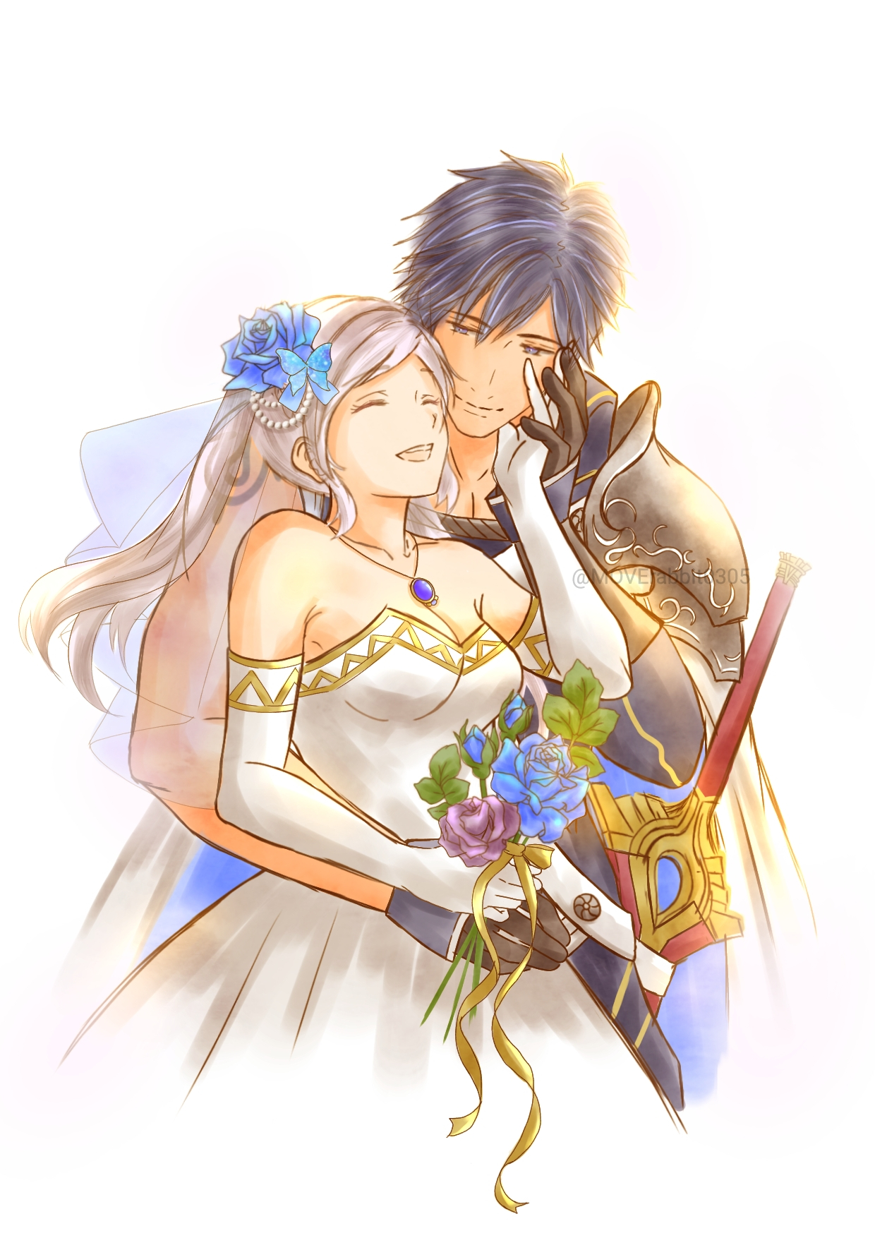 moverabbit0305, chrom (fire emblem), female robin (fire emblem), fire emblem, fire emblem awakening, intelligent systems, highres, 1boy, 1girl, alternate costume, armor, bare shoulders, blue eyes, blue hair, bouquet, brand of the exalt, breasts, bridal veil, cape, cleavage, closed eyes, collarbone, curled fingers, dress, elbow gloves, eyelashes, falchion (fire emblem), flower, gloves, hand on another's cheek, hand on another's face, hand up, happy, husband and wife, jewelry, leaning on person, long hair, medium breasts, necklace, no bra, open mouth, short hair, shoulder armor, sidelocks, smile, standing, strapless, strapless dress, swept bangs, toned, toned male, twintails, upper body, veil, wedding, wedding dress, white cape, white gloves, white hair, yellow eyes